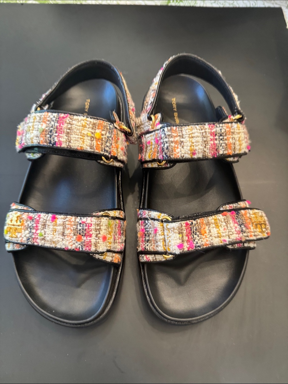 Tory Burch Multicolor Tweed Strap Sandal with Black Footbed